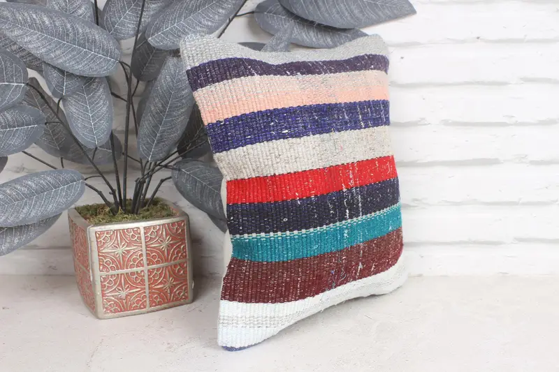 Vintage Kilim Throw Pillow, 12x12 Blue Pillow Sham, Outdoor Bolster Pillow Case, Turkish Pillow, Ethnic Pillow, Cushion Cover, Vintage Pillow - 4