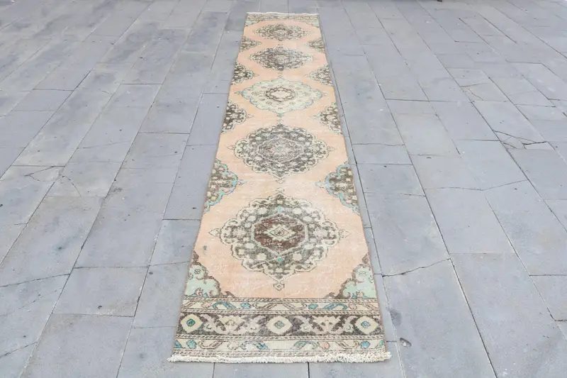 1.7x12.9 ft Turkish Vintage Rug, Runner Rug, Brown Blue Ikat Wool Rug - 1