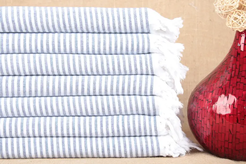 Personalized Turkish Towel Navy Stripes, Beige, Organic Cotton, 40x63 Inches
