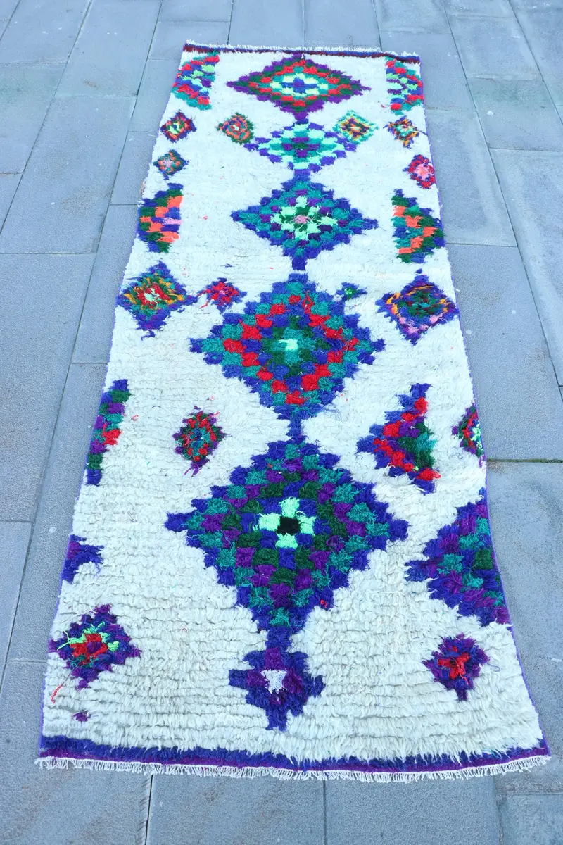 Elegant Beige & Blue Moroccan Rug, 2.9x8 ft Chic Decor