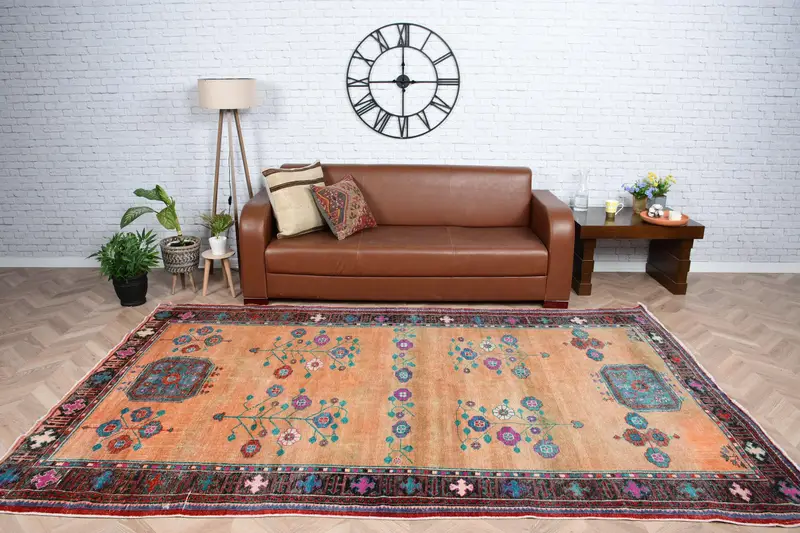 6,3x9,8 ft Teppich, türkischer Vintage Teppich, orange umrandeter Wollteppich - 1