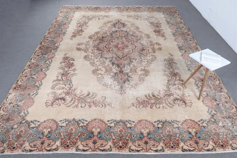 El Yapımı Bej ve Mavi Patchwork Halı, 0,8x12,4 ft