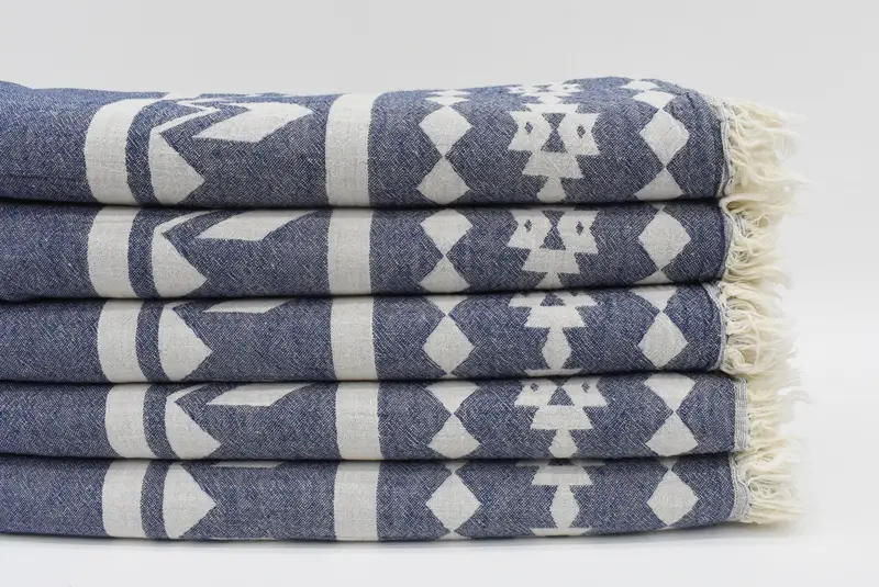 Embroidered Navy Patterned Turkish Beach Towel, Organic Cotton, 70x36 Inches