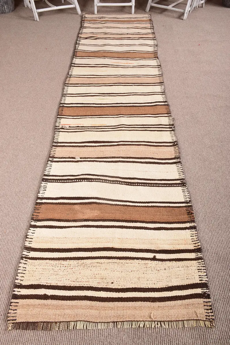 2.8x12.4 ft Vintage Halı, Türk Yolluk Halısı, Kahverengi Beyaz Ombré Yün Halı - 1