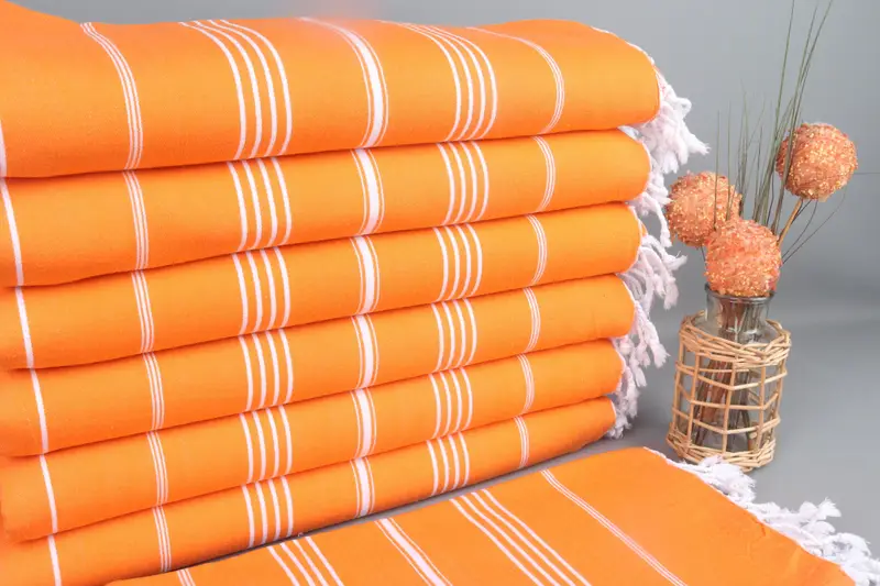 Turkish Bath Towel Orange Striped Peshtemal, 38x73 Inches