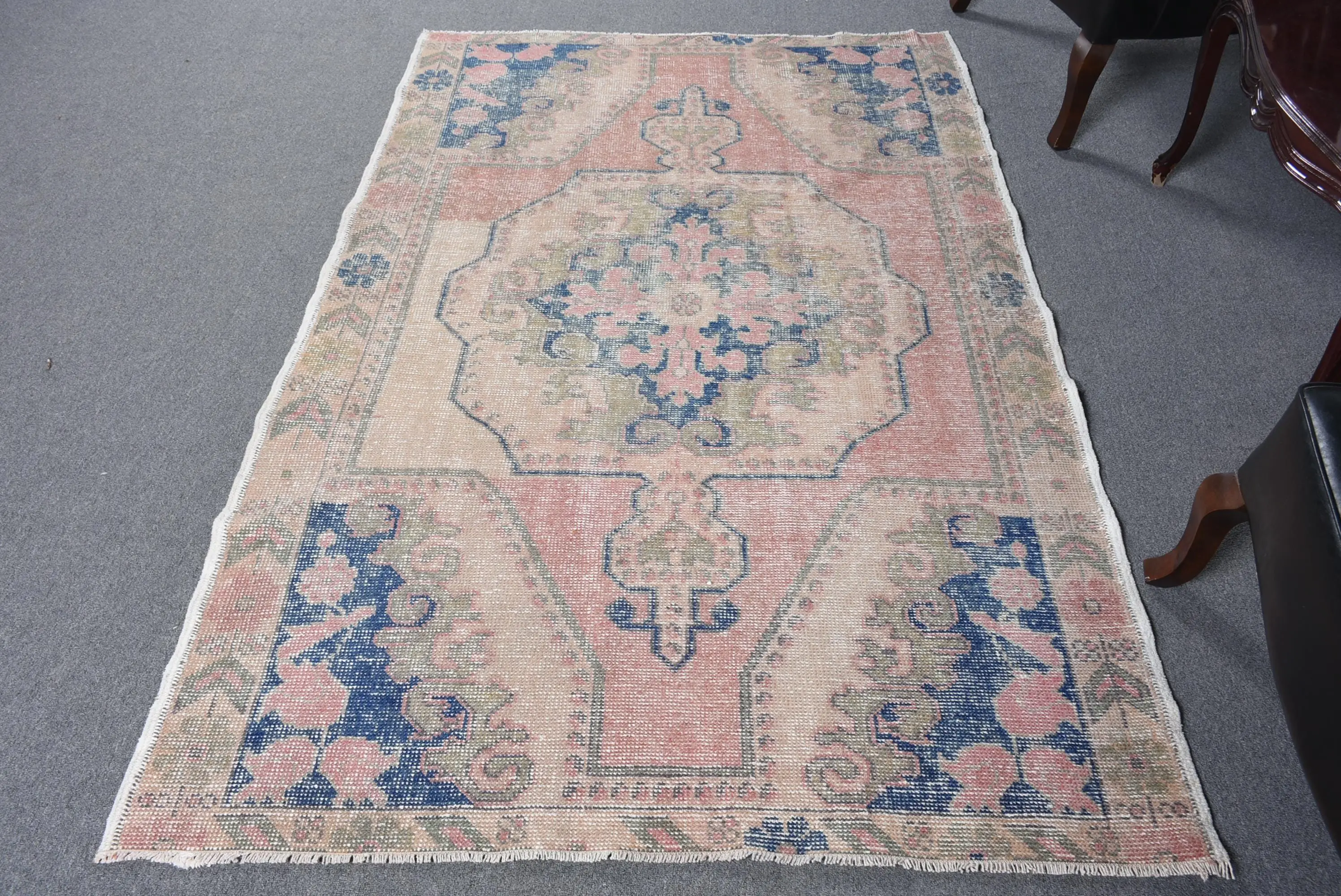 4.4x6.8 ft Vintage Area Rug, Turkish Blue Plants & trees Rug - 1