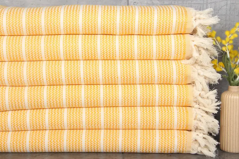 Turkish Beach Towel Organic Cotton Mustard Stripes, 40x71 Inches