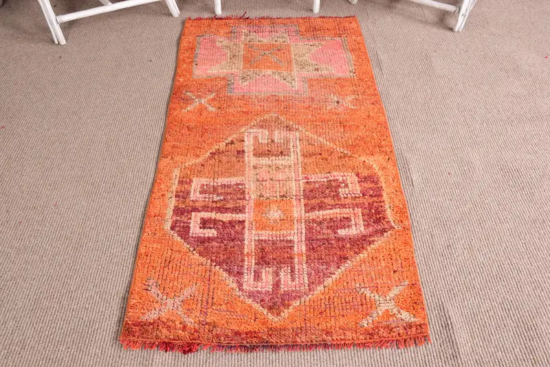 Türk Vintage Halısı 2,7x5,4 ft (83x166 cm), Oushak Turuncu Yün Halı - 1