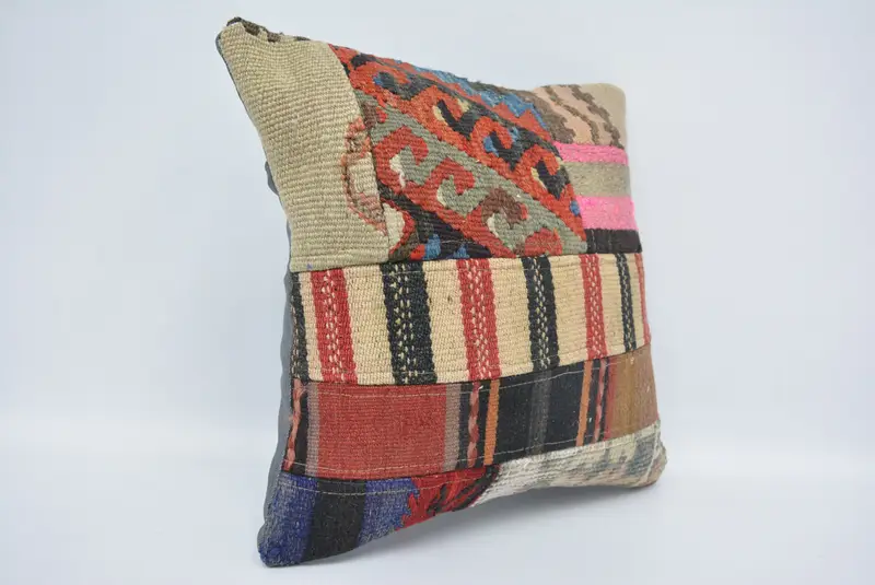 Turkish Kilim Pillow, Ethnical Kilim Rug Pillow, Hippie Throw Pillow Case, 16x16 Red Pillow, Cushion Cover, Vintage Kilim Throw Pillow - 3