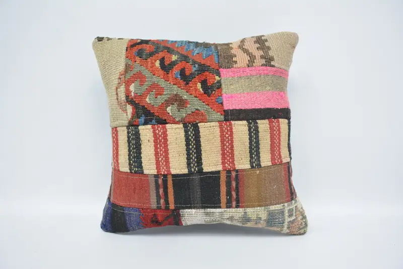 Turkish Kilim Pillow, Ethnical Kilim Rug Pillow, Hippie Throw Pillow Case, 16x16 Red Pillow, Cushion Cover, Vintage Kilim Throw Pillow - 1