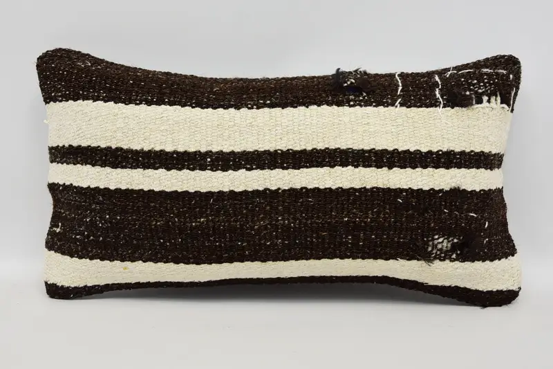 Brown Turkish Antique Cushion, Bohemian Striped Wool Patio Pillowcase - 1