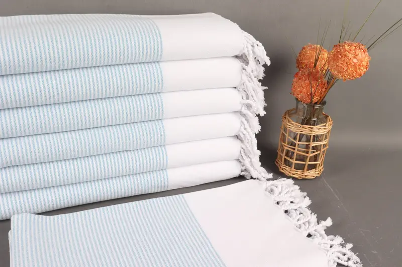Organic Cotton Towel Turquoise Striped Peshtemal, 36x71 Inches