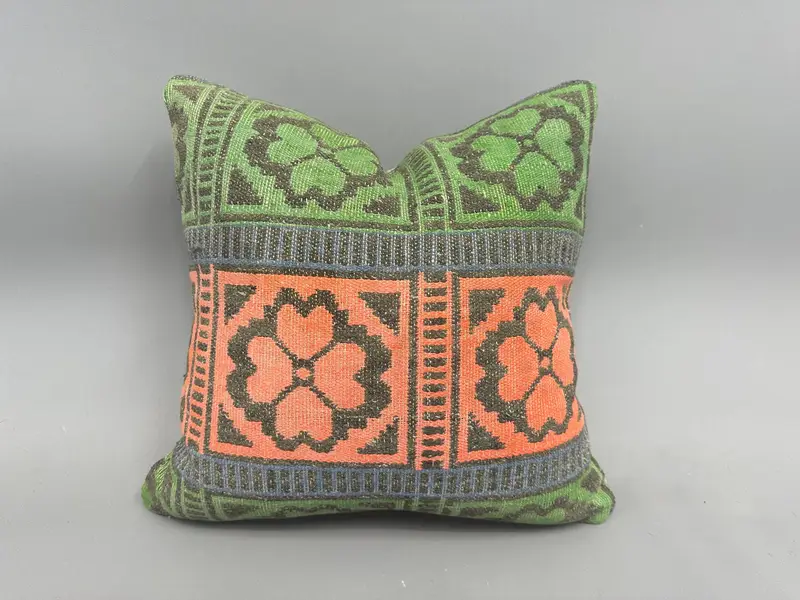 Turkish Pillow, Vintage Throw Pillow, Meditation Cushion Case, Antique Pillows, 18x18 Green Pillow, Car Cushion, Cushion, Pillow for Sofa - 1