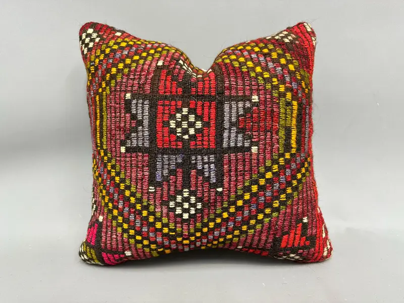18x18 Red Cushion Case, Kilim Pillow Cover, Vintage Kilim Throw Pillow, Ikat Pillow Cover, Ethnic Pillow Cover, Cushion, Antique Pillows - 1