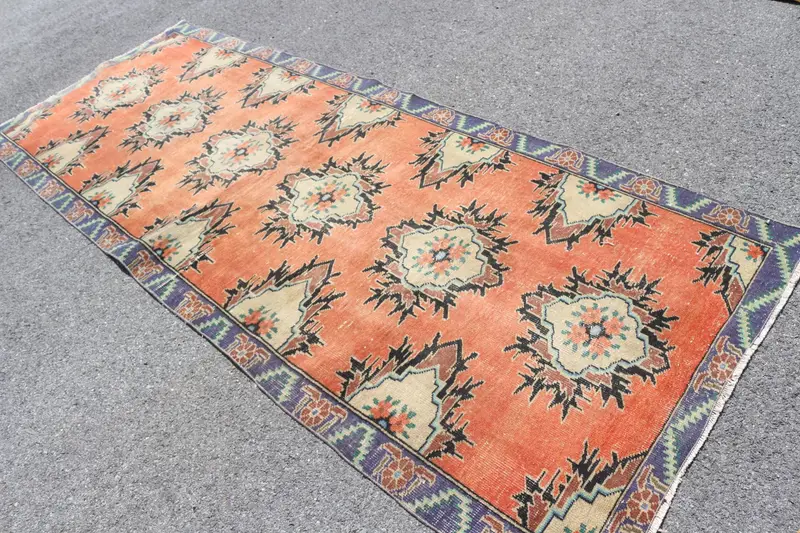 Vintage-Teppich, 4 x 9,8 Fuß großer türkischer Teppich, roter Oushak-Wollteppich - 1