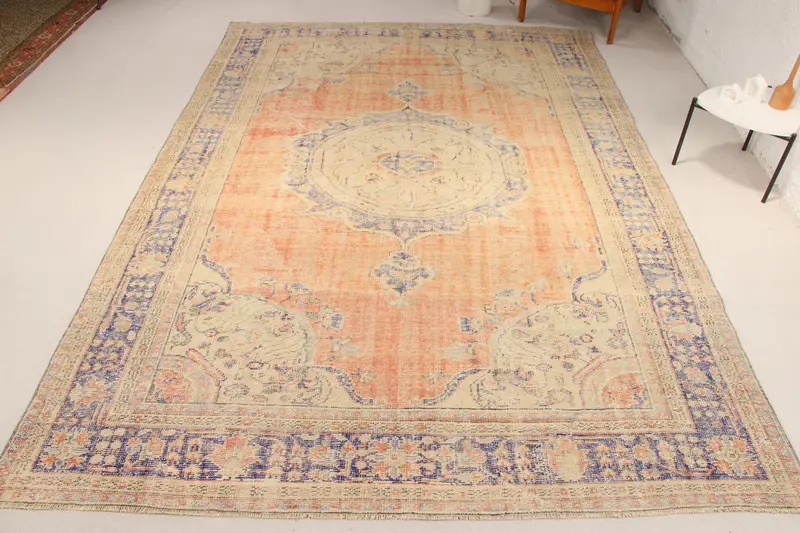 Handmade Orange & Blue Check Rug, 6,5x11,3 ft