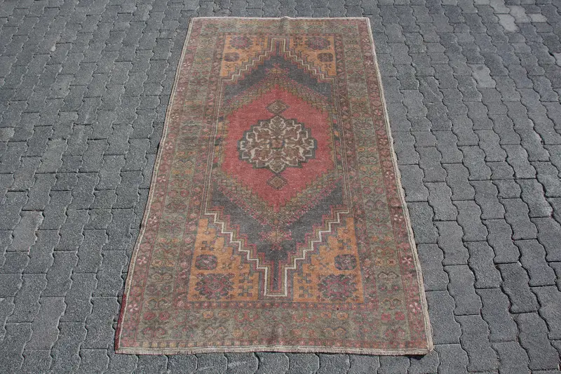 3.8x6.9 ft Rug, Vintage Turkish Rug, Red Oushak Wool Rug - 1