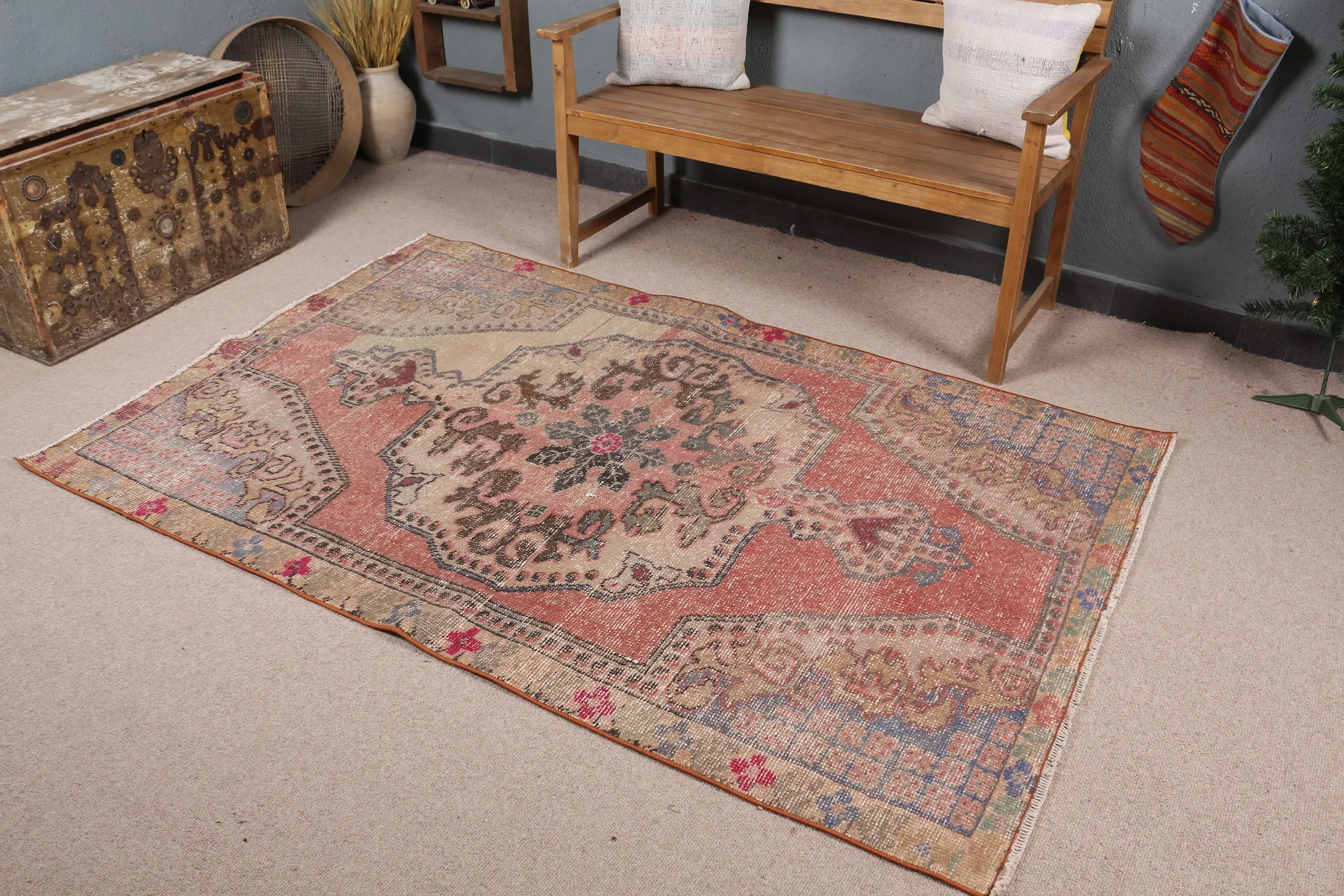 Vintage 4.4x6.8 ft Rug, Area Turkish Rug, Red Blue Check Wool Rug - 1