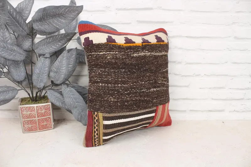Vintage Kilim Pillow, Gift Pillow, Turkish Rugs Cushion, 16x16 Brown Cushion Case, Cushion Case, Natural Pillow Cover, Handmade Kilim Cushion - 3