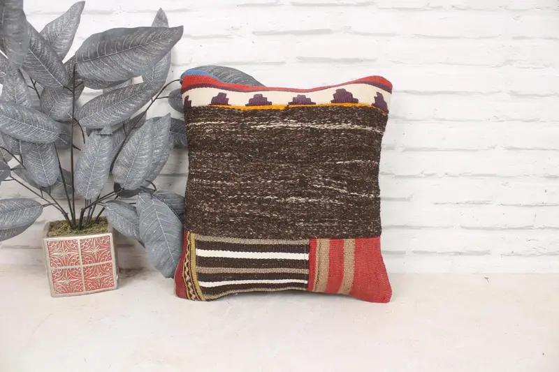 Vintage Kilim Pillow, Gift Pillow, Turkish Rugs Cushion, 16x16 Brown Cushion Case, Cushion Case, Natural Pillow Cover, Handmade Kilim Cushion - 1