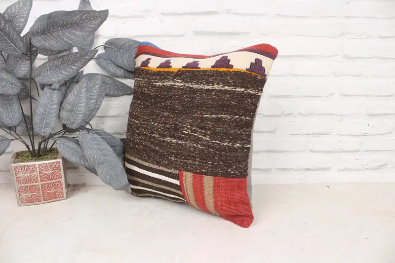 Vintage Kilim Pillow, Gift Pillow, Turkish Rugs Cushion, 16x16 Brown Cushion Case, Cushion Case, Natural Pillow Cover, Handmade Kilim Cushion - 4