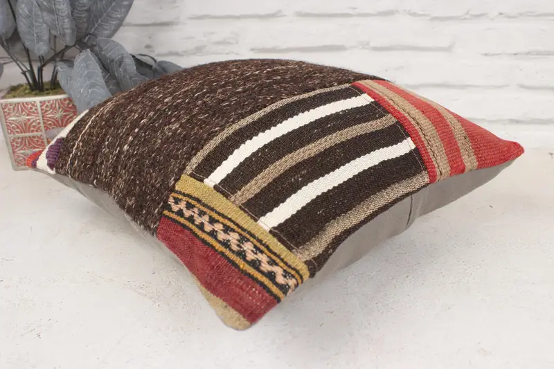 Vintage Kilim Pillow, Gift Pillow, Turkish Rugs Cushion, 16x16 Brown Cushion Case, Cushion Case, Natural Pillow Cover, Handmade Kilim Cushion - 6