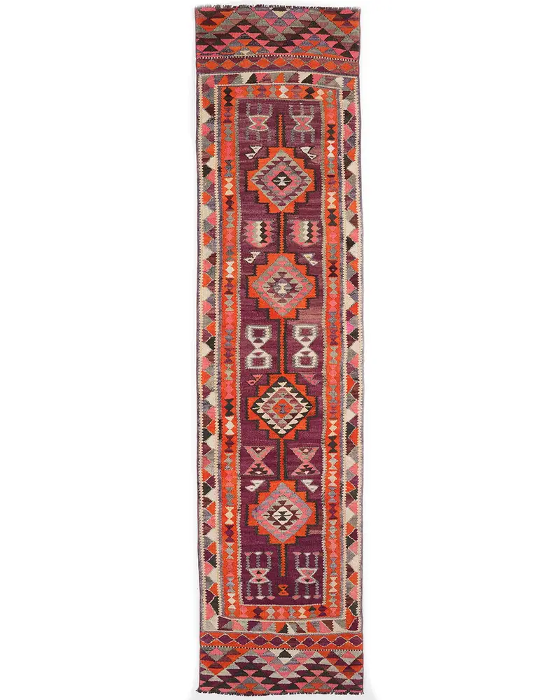 パープル イカット ラグ、2.3x9.9 フィート、オレンジのアクセント付き