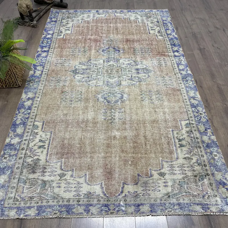 5.2x8.9 ft Rug, Vintage Oushak Rug, Turkish Blue Wool Abstract Rug - 1