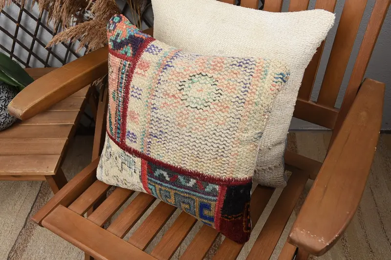 Boho Pillow, Aztec Pillow Cover, Pillow Sham, 14x14 Beige Cushion Case, Home Decor Pillow, Handmade Rug Seat Cushion, Pillow for Sofa - 5