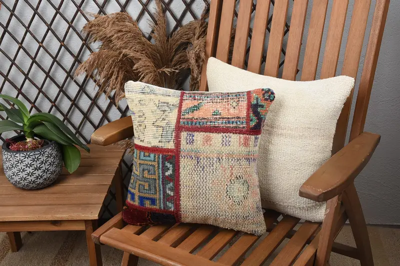 Boho Pillow, Aztec Pillow Cover, Pillow Sham, 14x14 Beige Cushion Case, Home Decor Pillow, Handmade Rug Seat Cushion, Pillow for Sofa - 1