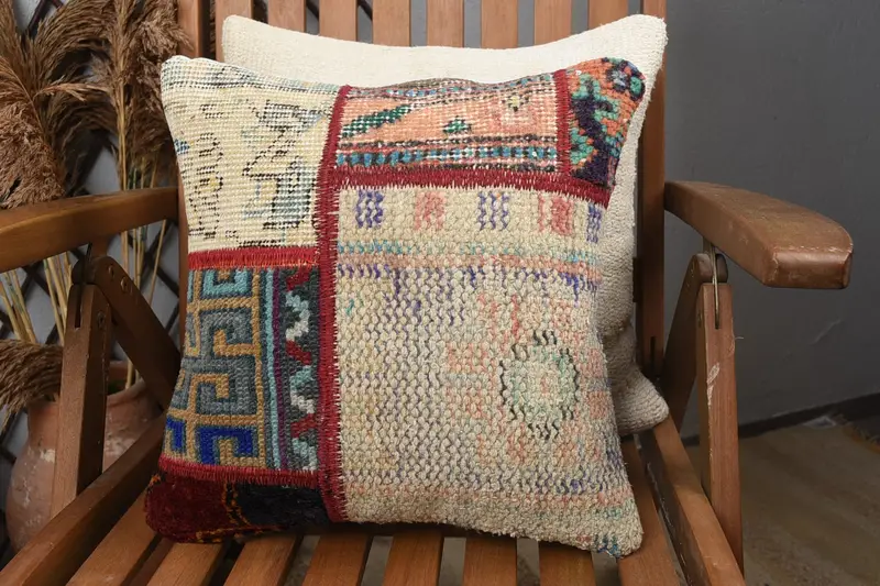 Boho Pillow, Aztec Pillow Cover, Pillow Sham, 14x14 Beige Cushion Case, Home Decor Pillow, Handmade Rug Seat Cushion, Pillow for Sofa - 3
