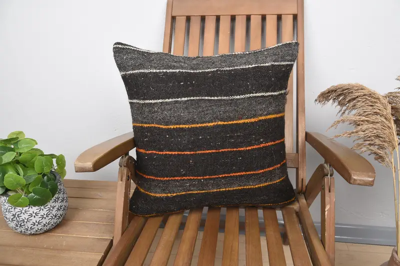 Striped Vintage Art Deco Cushion Cover, Wool Moroccan 20x20 inch Brown Cushion Case - 1