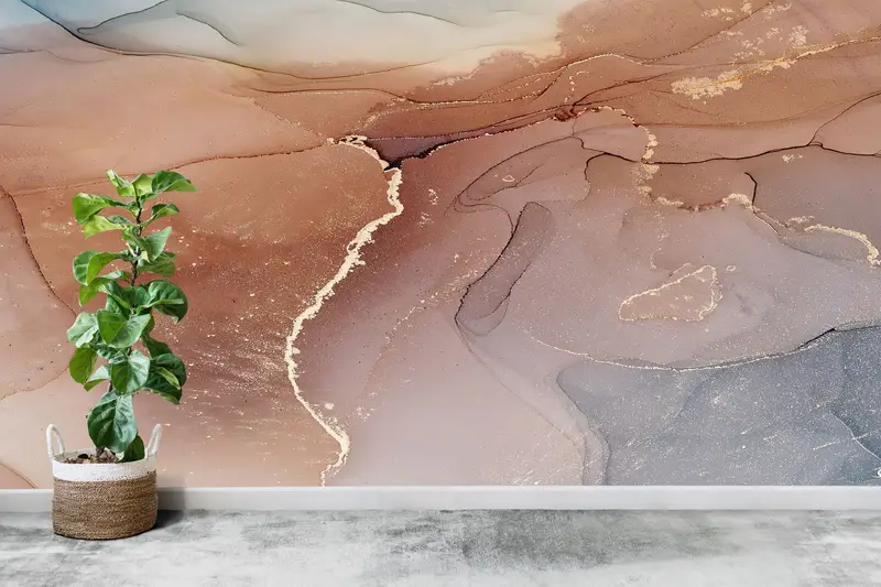 高級大理石プリント壁紙: コンテンポラリー シメリー ブラウン & ゴールド