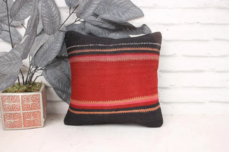Boho Pillow, 12x12 Red Pillow Cover, Retro Throw Cushion Case, Cushion Case, Handmade Rug Seat Cushion, Gift Pillow, Pillow for Couch - 1