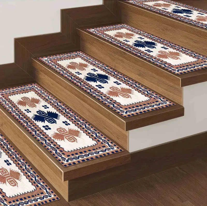 Brown & Navy Blue Ethnic Kilim Design Printed Stair Rug
