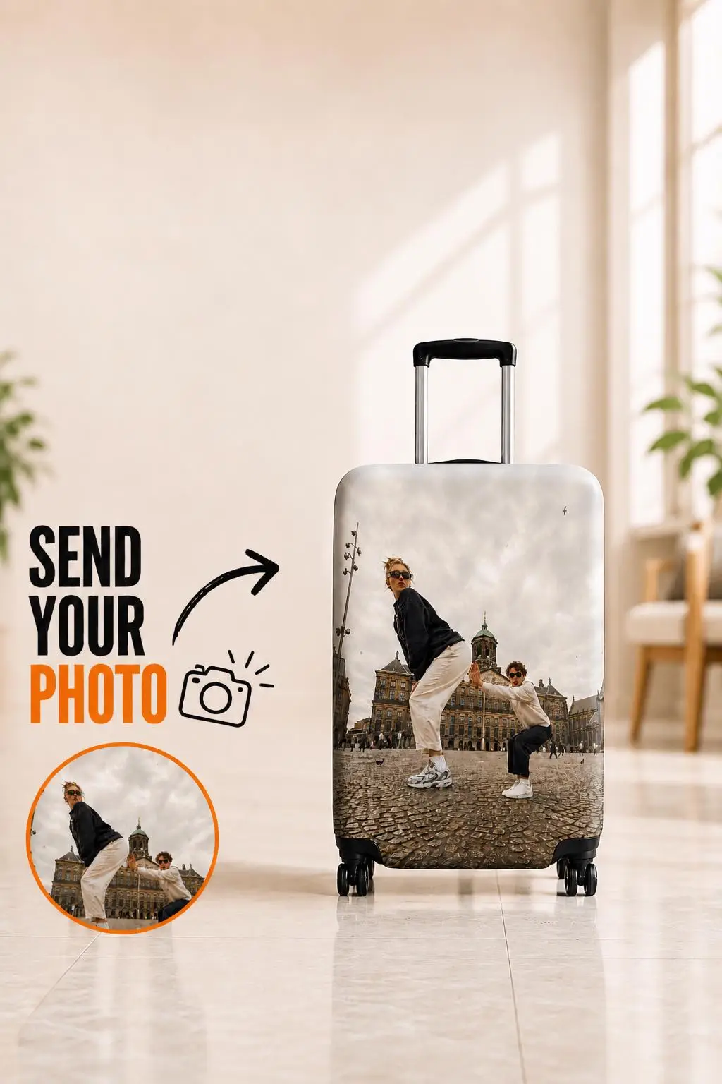 Personalized White Luggage Cover, Custom Photo Travel Case, Unique Honeymoon Gift - 1