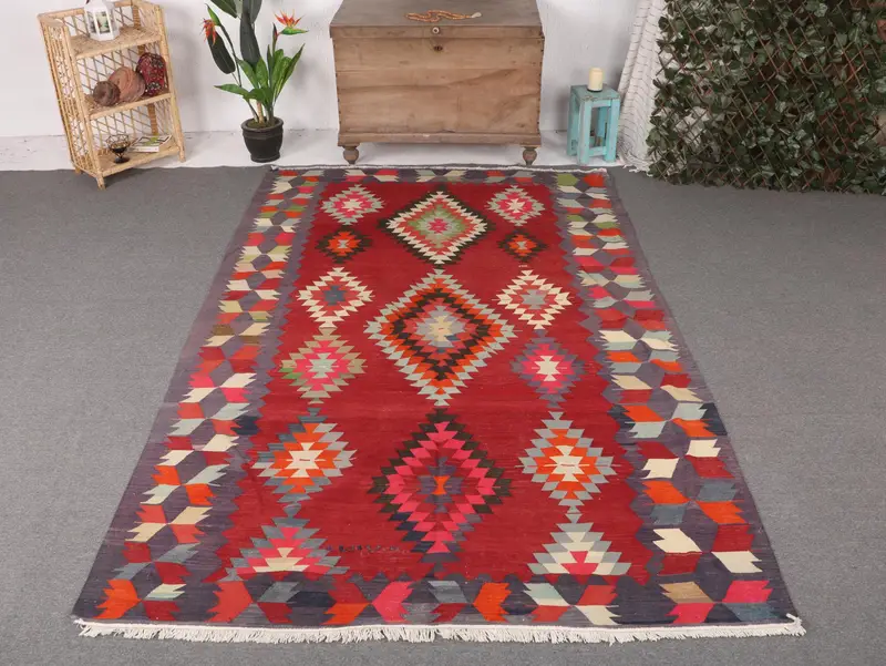 Red & Blue Rug, 5,9x8,9 ft Botanical Design