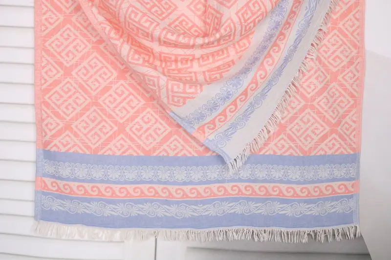Geometric Turkish Cotton Beach Towel, Coral-Blue, 36x71 Inches