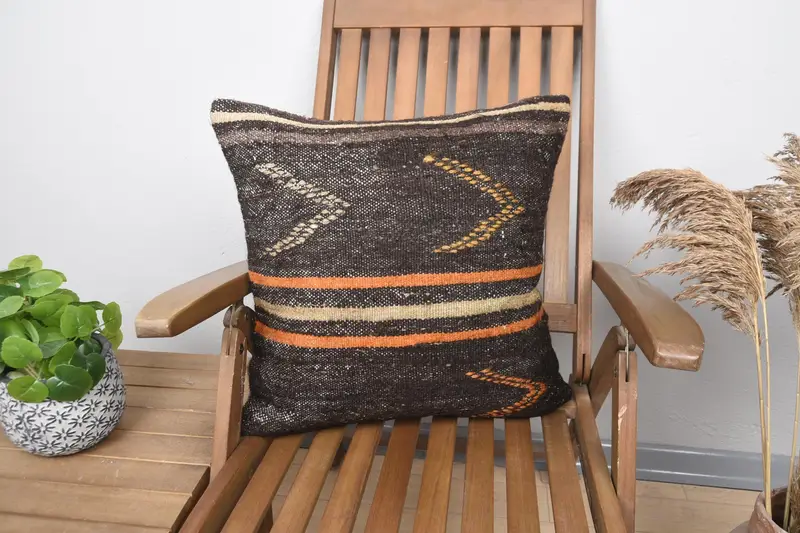 Square Striped Throw Pillow Cover, Antique 20x20 inch DesignerOrange Wool Pillow Case - 1