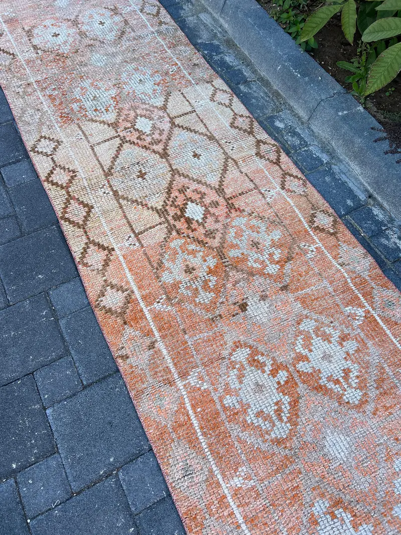 2.6x12.9 ft Turkish Rug, Vintage Runner Rug, Orange White Plants & trees Rug - 1