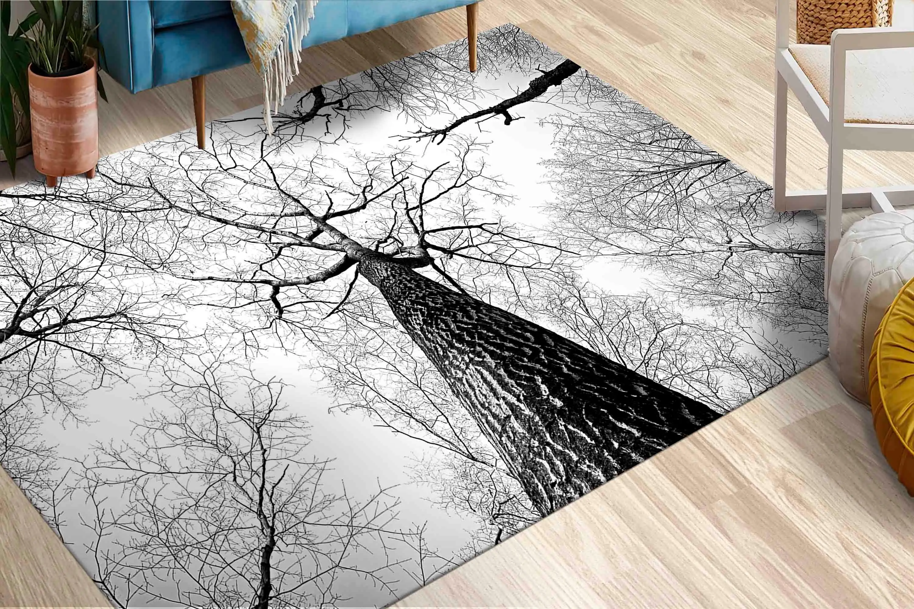 Black and White Tree Forest Printed Rug - Landscape Winter View - 1
