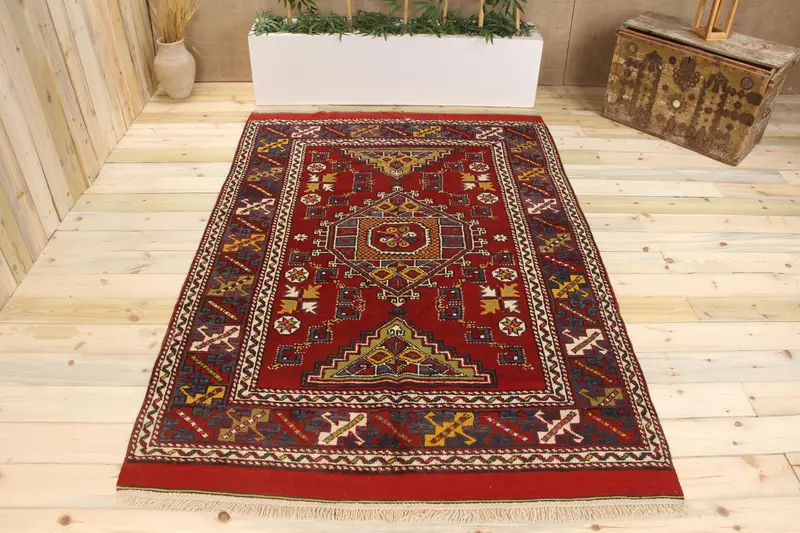 Handmade Red Southwestern Rug, 0.4x7.9 ft Chic Decor