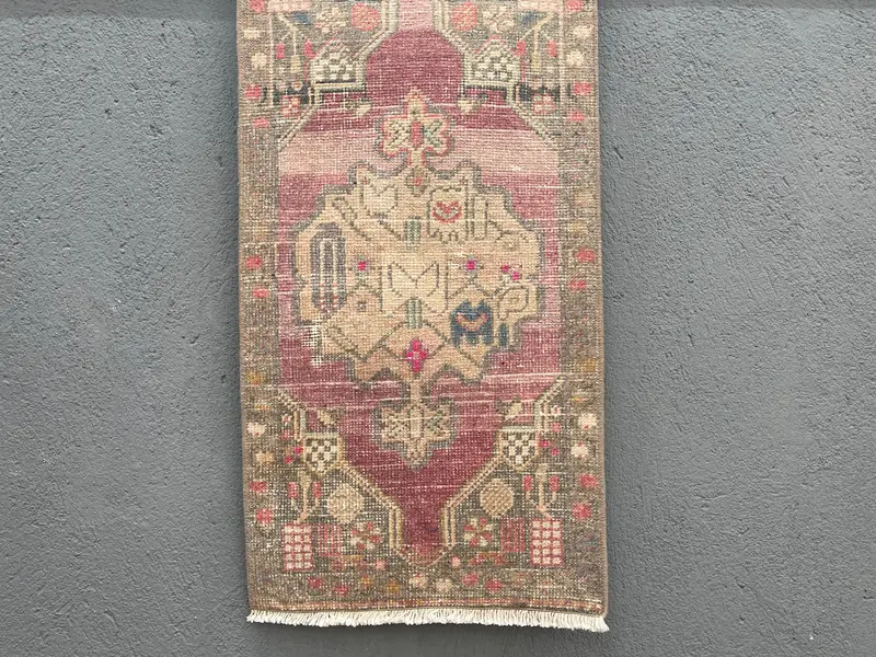 Vintage Turkish Rug, 1.5x2.8 ft Small Rug, Red Brown Polka dot Rug - 1