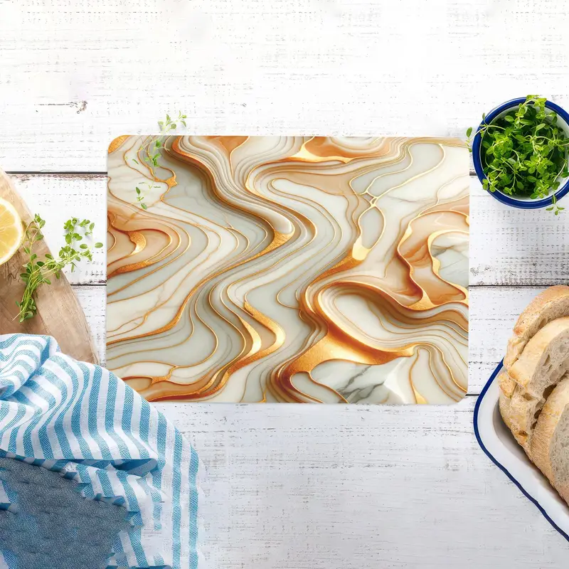 Abstract Waves Glass Cutting Board, Marble Gold Design, Tempered Safety