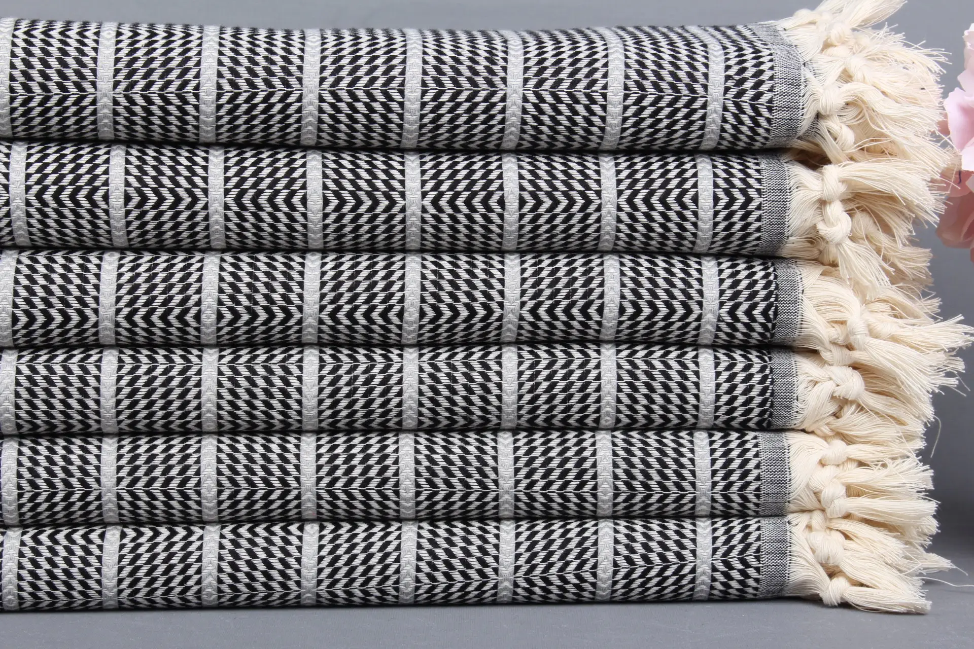 Oversized Turkish Beach Towel, Striped, Black-Light Gray, 40x71 Inches - 1