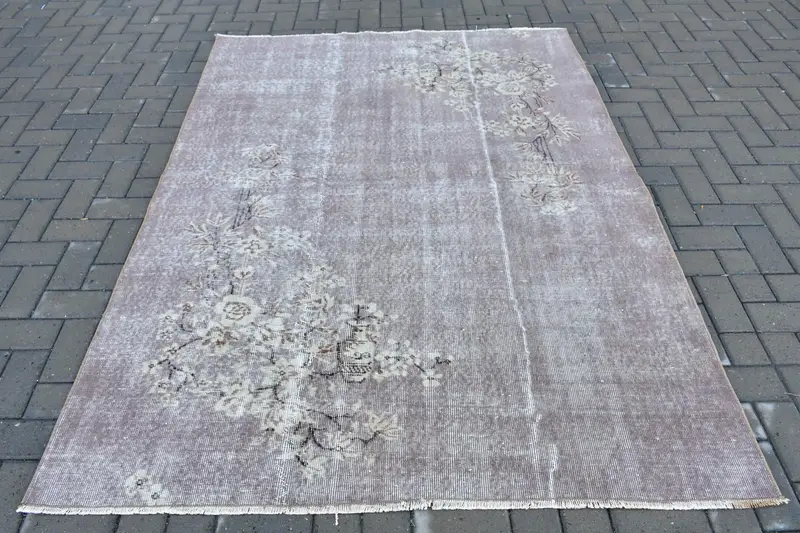 Vintage Alan Halısı 5.2x7.2 ft, Türk Oushak Gri Çiçekli Yün Halı - 1