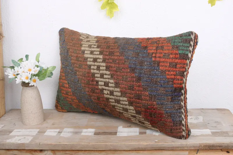 Kilim Pillow, Neutral Throw Cushion, Pillow Sham, Turkish Kilim Pillow, Kilim Pillow Cover, 12x20 Red Pillow Sham, Outdoor Patio Pillow Sham - 4