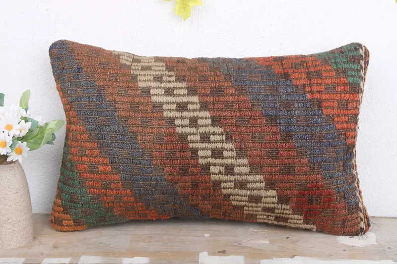 Kilim Pillow, Neutral Throw Cushion, Pillow Sham, Turkish Kilim Pillow, Kilim Pillow Cover, 12x20 Red Pillow Sham, Outdoor Patio Pillow Sham - 2
