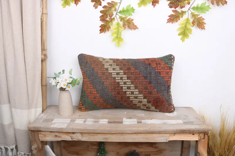 Kilim Pillow, Neutral Throw Cushion, Pillow Sham, Turkish Kilim Pillow, Kilim Pillow Cover, 12x20 Red Pillow Sham, Outdoor Patio Pillow Sham - 1