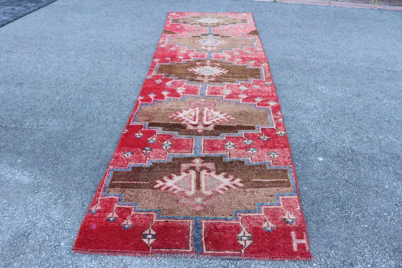 Vintage 3.5x11.5 ft Rug, Runner Turkish Rug, Red Brown Oriental Wool Rug - 1